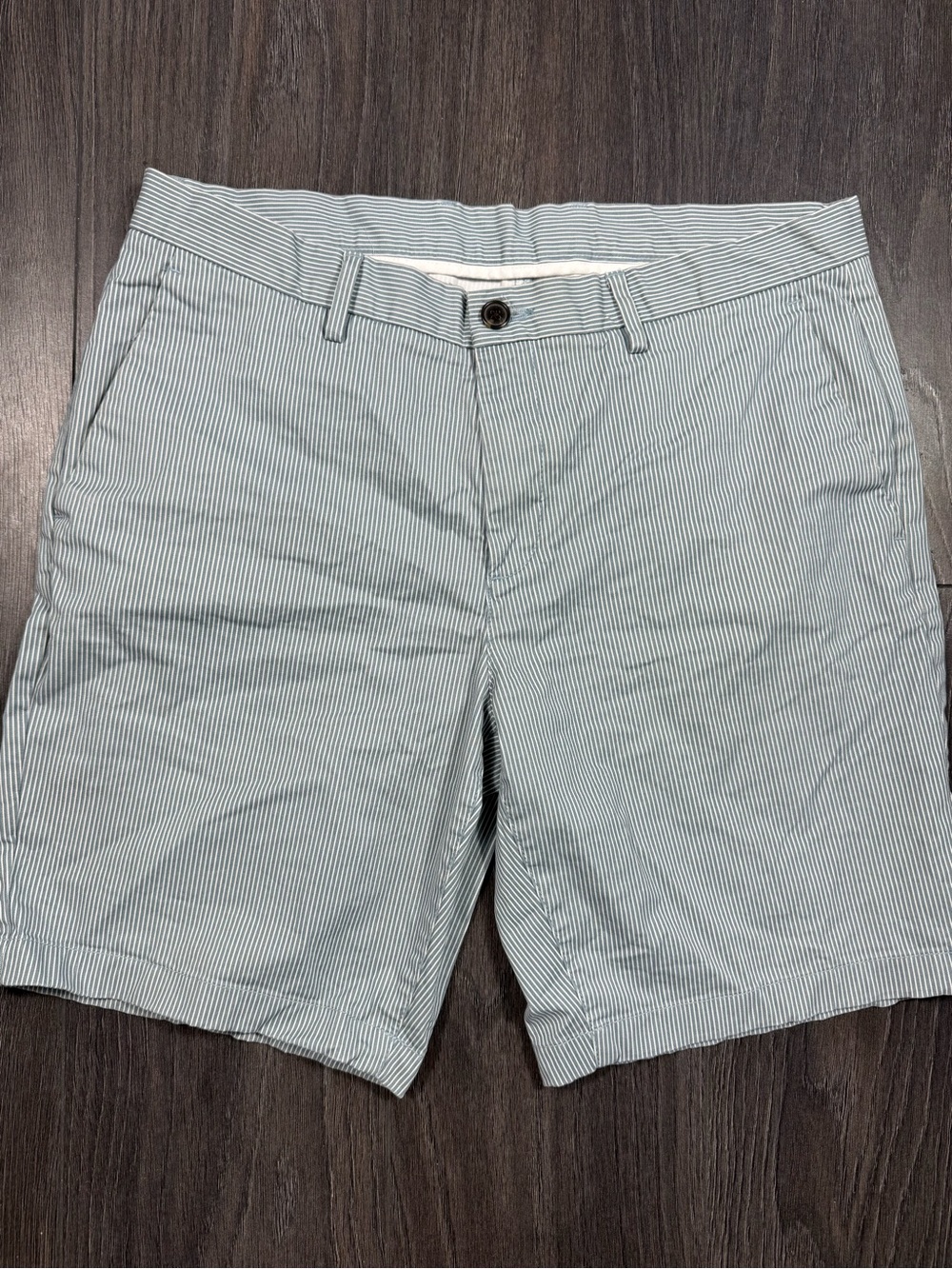 Michael Kors Men’s Light Blue and White Pinstripe Flat-Front Shorts
